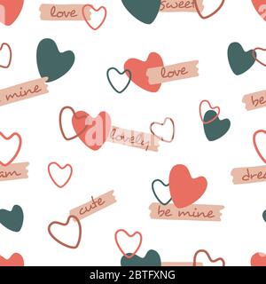 Cuori che ripetono e parole scritte a mano Amore, dolce, sia mio e altro. Pattern senza giunture vettoriale romantico. Stampa di una girlosa infinita. Disegnato a mano, in auto Illustrazione Vettoriale