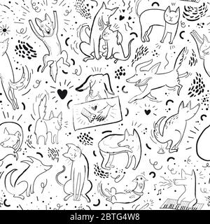 Pattern vettoriale senza giunture con gatti e cani di contorno in diverse pose ed emozioni Illustrazione Vettoriale