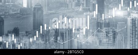 Stock trading, investimenti, mercato delle candele grafico intestazione sito web banner vista città skyline. Foto Stock