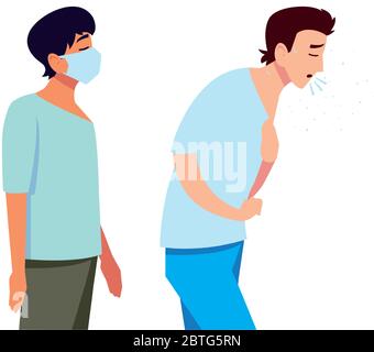 Uomini che si sentono malati e con la maschera di cura medica e covid 19 virus tema illustrazione vettoriale Illustrazione Vettoriale
