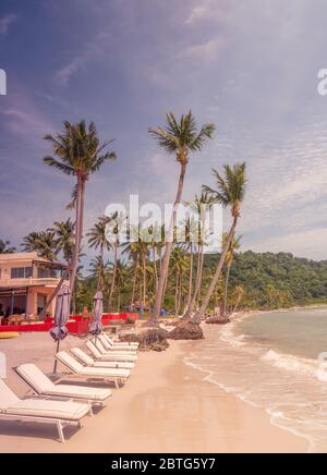 Bellissima spiaggia con palme, letto a spiovente e ombrelloni, serata leggermente nuvolosa e ventosa all'isola di Phu Quoc, Vietnam Foto Stock