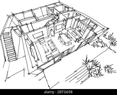 , disegno a mano di schema prospettico in sezione del soggiorno con cucina e terrazza al piano terra di casa indipendente Illustrazione Vettoriale