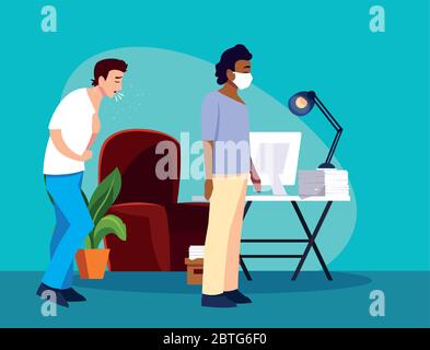 Uomini sentirsi malati a casa progettazione di cura medica e covid 19 virus tema illustrazione vettoriale Illustrazione Vettoriale