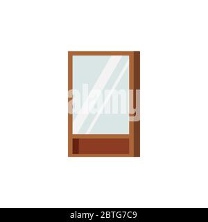 Specchio rettangolare con struttura in legno con ripiano e armadietto per bagno isolato su sfondo bianco. Illustrazione Vettoriale