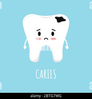 Cute dente triste emoticon con carie dentali. Illustrazione Vettoriale