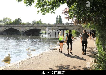 Camminando accanto alla serpentina, in un caldo Bank Holiday Lunedi, 25 maggio 2020, come i restauri di coronavirus sono alleviati, a Londra ovest, Regno Unito Foto Stock