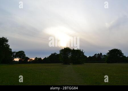 Fine maggio nel nord-ovest Kent, Inghilterra. Campi nel villaggio di Charles Darwin, Downe, al tramonto. Tramonto, nuvola sottile, tranquilla, tranquilla scena di campagna Foto Stock