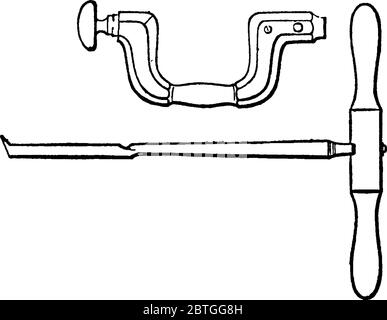 Un utensile manuale chiamato come calice, utilizzato per praticare piccoli fori nel legno, senza ottenere spaccati, disegno di linee vintage o incisione illustrazione. Illustrazione Vettoriale