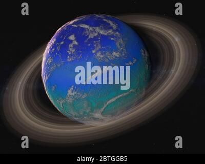 Fantastico exoplanet con l'atmosfera della superficie dell'oceano e anello nello spazio esterno. Illustrazione 3D rappresentata. Elementi di questa immagine forniti dalla NASA. Foto Stock