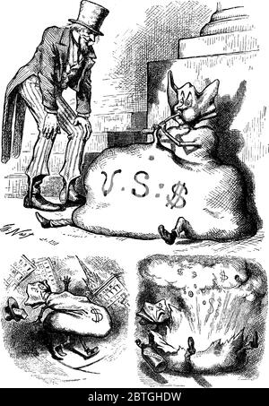 Caricatura di Thomas Nast descrive, cartone animato che soffia il ventre con denaro e un uomo che indossa costume è in piedi accanto a lui e guardare, linea vintage disegnare Illustrazione Vettoriale