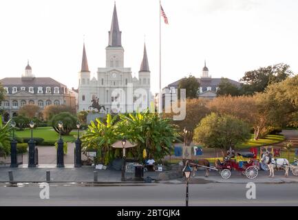 Buggy a cavallo di fronte alla cattedrale di St Louis, Jackson Square, quartiere francese, New Orleans, Louisiana, USA Foto Stock
