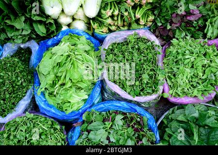 Verdure verdi vietnamite, varie verdure verdi fresche raccolte localmente coltivate in un mercato di strada nella città di ho Chi Minh, Vietnam Foto Stock