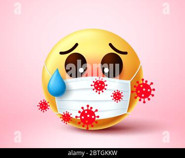 Emoji smiley infettato di covid-19 coronavirus. Emoji smiley indossare maschera viso infettato ed esposto in 2019-ncov coronavirus focolaio. Illustrazione Vettoriale