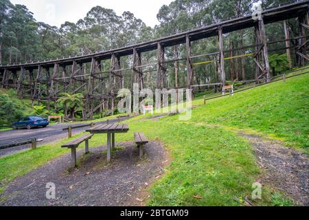 Noojee, Victoria, Australia - Area picnic vicino allo storico Ponte di Trespolo di Noojee - un'eredità della vecchia ferrovia costruita originariamente nel 19 Foto Stock