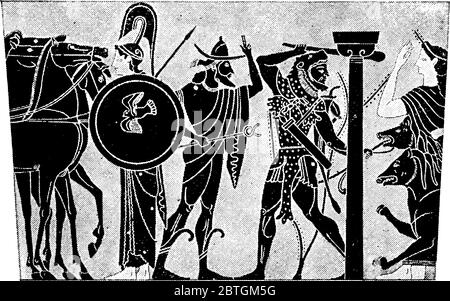 Ercole era figlio di Zeus (Giove equivalente romano) e dell'Alcmene mortale, nella mitologia greca. Il quadro raffigura Ercole e Cerbero, Vintag Illustrazione Vettoriale