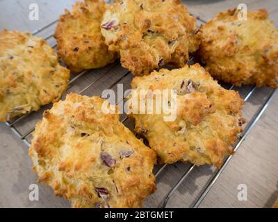 I boccali di formaggio fatti in casa appena sfornati per le scatole del pranzo si raffreddano su una griglia metallica su un banco da cucina Foto Stock