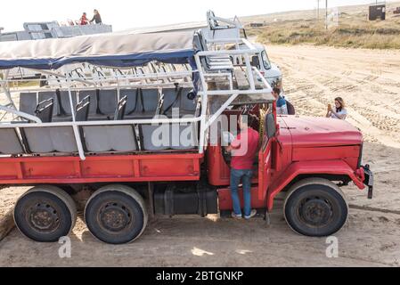 Cabo Polonio, Rocha / Uruguay; 30 dicembre 2018: Veicoli che trasportano i turisti dal terminal alla città. Foto Stock