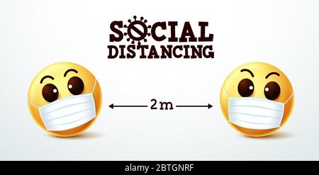 Emoticon social distancing segno vettore. Emoji smiley indossare maschera viso con social distancing istruzioni di testo per prevenire l'infezione da covid-19 coronavirus. Illustrazione Vettoriale