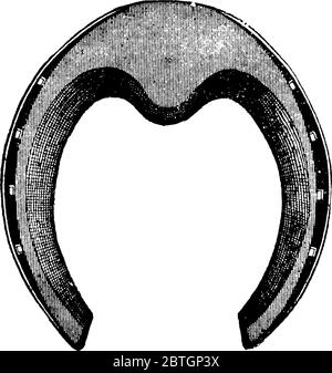 Horseshoe è una piastra metallica a forma di U, che protegge gli zoccoli dei cavalli, disegno di linee d'epoca o illustrazione dell'incisione. Illustrazione Vettoriale