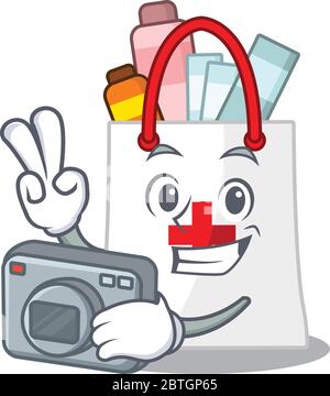 un fotografo professionista sacchetto shopping droga cartoon immagine che lavora con la fotocamera Illustrazione Vettoriale