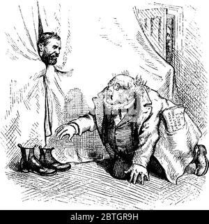 Questa caricatura di fumetti di Thomas Nast illustra il tentativo di Greeley di rubare le politiche di Grant., disegno di linea vintage o illustrazione di incisione. Illustrazione Vettoriale