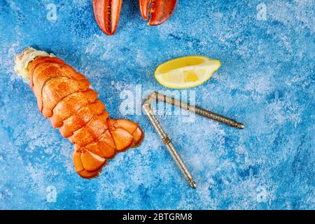 Gustosa aragosta rossa cotta con limone su sfondo blu Foto Stock