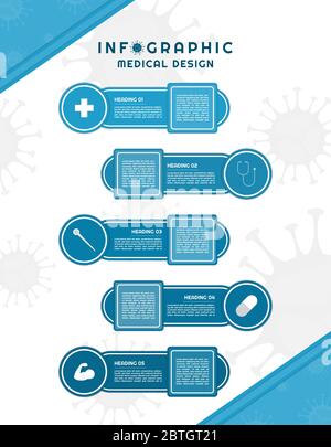 Infografica per il disegno medico del coronavirus cerchio geometrico e forma quadrata. Illustrazione vettoriale. Illustrazione Vettoriale