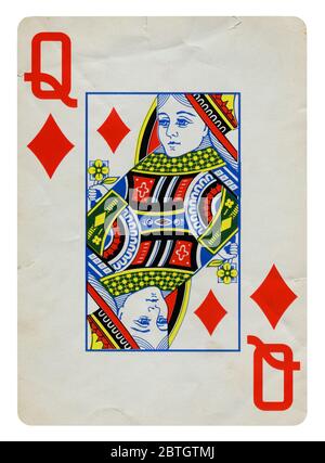 Regina dei diamanti Vintage carta da gioco isolato su bianco (percorso di clipping incluso) Foto Stock