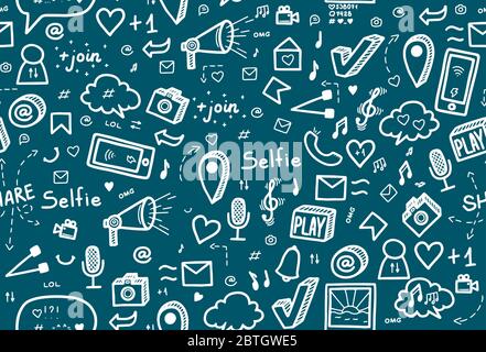 Motivo senza interruzioni sui social media su sfondo blu scuro. Design a doodle disegnato a mano. Illustrazione vettoriale di Doodle Illustrazione Vettoriale
