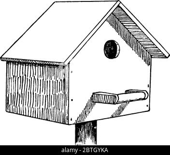 Una casa di uccello per un albero deglutire, disegno di linea vintage o illustrazione di incisione. Illustrazione Vettoriale