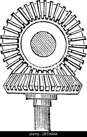 ciascuna coppia di ruote dentate smussate con denti a 45° e assi ad angolo retto, disegno di linee vintage o illustrazione dell'incisione. Illustrazione Vettoriale