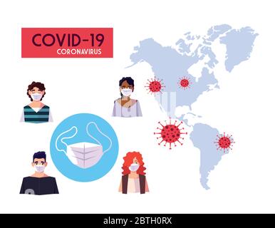 Donne e uomini con maschere e mappa del mondo di Covid 19 virus tema illustrazione vettoriale Illustrazione Vettoriale