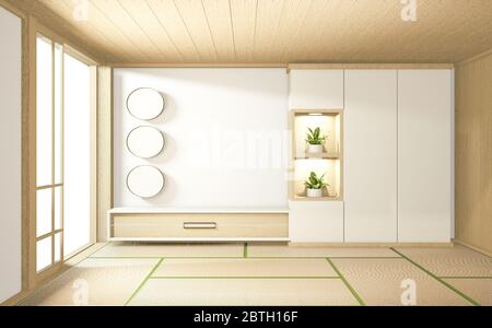 interni in stile tropicale, camere vuote in stile giapponese. Rendering 3D Foto Stock