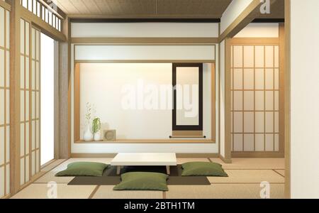 Interni di design Nihon con porta di carta e parete ripiano armadio su tappeto tatami pavimento camera stile giapponese. Rendering 3D Foto Stock