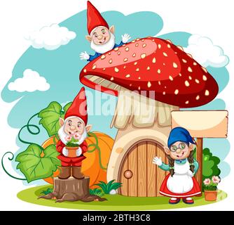 Gnomi e funghi casa cartoon stile su sfondo bianco illustrazione Illustrazione Vettoriale