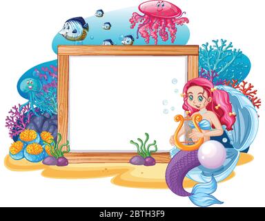 Mermaid e tema di animali marini con banner in stile cartoon bianco su sfondo illustrazione bianca Illustrazione Vettoriale