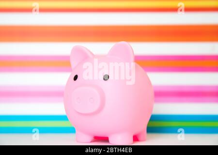 Una rosa, la Banca dei Piggy per bambini per incoraggiare i bambini a risparmiare il loro denaro e tasca soldi su uno sfondo colorato e arcobaleno Foto Stock