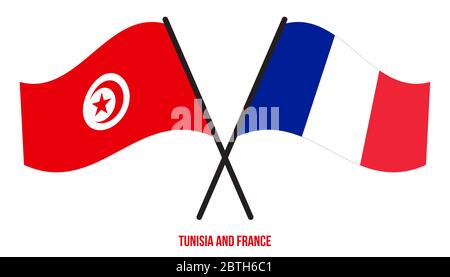 Tunisia e France Flags Crossed e ondeggiante Flat Style. Proporzione ufficiale. Colori corretti. Foto Stock