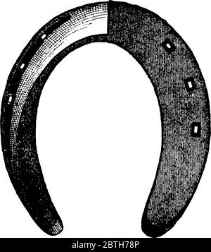 Horseshoe è una piastra metallica a forma di U, che protegge gli zoccoli dei cavalli, disegno di linee d'epoca o illustrazione dell'incisione. Illustrazione Vettoriale