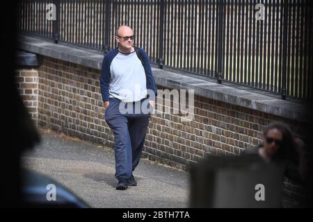 Il primo ministro Dominic Cummings arriva a Downing Street, Londra, il giorno dopo aver tenuto una conferenza stampa sulle accuse che ha violato le restrizioni di blocco del coronavirus. Foto Stock