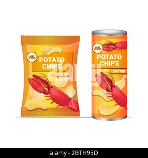 patatine con sapore di aragosta croccante patate naturali e confezionamento modello pubblicitario modello isolato vettore illustrazione Illustrazione Vettoriale