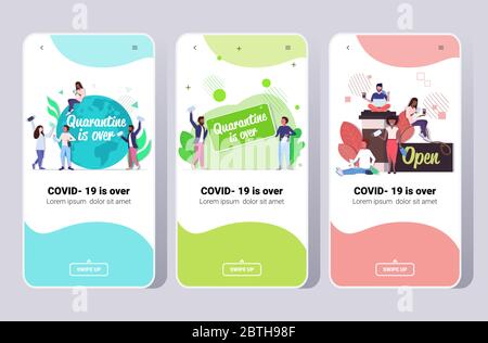 impostare le persone che festeggiano la vittoria su covid-19 coronavirus quarantena sta per terminare smartphone schermi raccolta app mobile copia orizzontale spazio vettore illustrazione Illustrazione Vettoriale