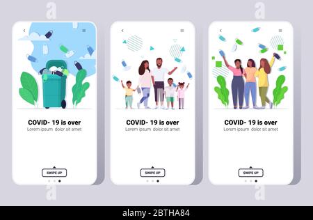 impostare le persone che festeggiano la vittoria su covid-19 coronavirus quarantena sta per terminare smartphone schermi raccolta app mobile copia orizzontale spazio vettore illustrazione Illustrazione Vettoriale