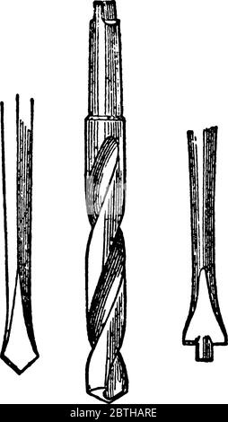 Un'immagine con tre punte da trapano, la prima la vecchia, cattiva, ma non ancora abbastanza superata modello; la seconda la punta da trapano a torsione e la terza una punta da trapano a perno, f Illustrazione Vettoriale