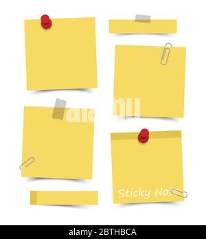 Disegno piatto di colore giallo con note adesive con pin rosso , nastro adesivo e graffetta su sfondo bianco . Vettore . Illustrazione Vettoriale