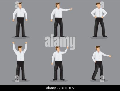 Set di sei illustrazioni vettoriali di personaggio uomo fumetto senza volto che indossa una semplice camicia bianca e pantaloni neri in diversi gesti isolati su ba grigia Illustrazione Vettoriale
