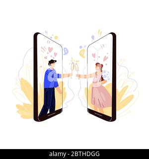 Vettore piatta illustrazione di online dating industria. Felice uomo e donna, bicchieri di vino o champagne, con romantica serata e data remota Illustrazione Vettoriale