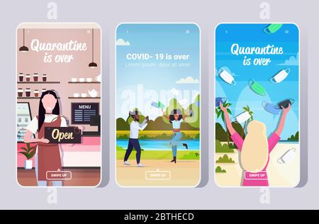 impostare le persone che festeggiano la vittoria su covid-19 coronavirus quarantena sta mettendo fine smartphone schermi raccolta mobile app immagine vettoriale orizzontale Illustrazione Vettoriale