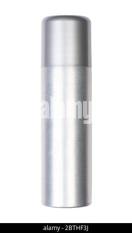 Bomboletta spray in alluminio bianco con tappo chiuso isolato su fondo bianco. Bomboletta spray aerosol Foto Stock