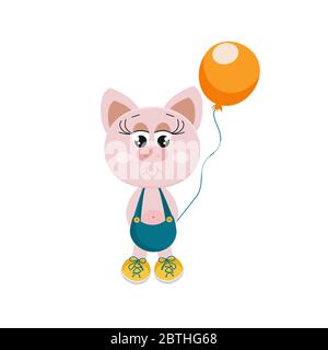 Carino maiale rosa con palloncino isolato stock illustrazione vettore Illustrazione Vettoriale